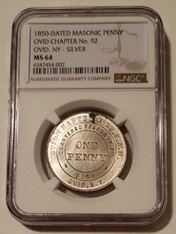 1850-Dated Silver Masonic Penny Token Ovid NY Ch No 92 MS64 NGC