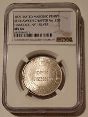 1871-Dated Silver Masonic Penny Token Hancock NY - Shehawken Ch No 258 MS64 NGC