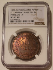 1909-Dated Masonic Penny Token Potsdam NY St Lawrence Ch No 24 MS65 BN NGC