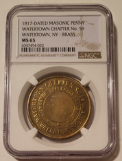 1817-Dated Masonic Penny Token Watertown NY Ch No 59 Brass MS65 NGC