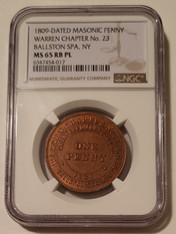 1809-Dated Masonic Penny Token Ballston Spa NY Ch No 23 MS65 RB PL NGC