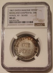 1867-Dated Silver Masonic Penny Token Nyack NY Rockland Ch No 204 MS65 NGC