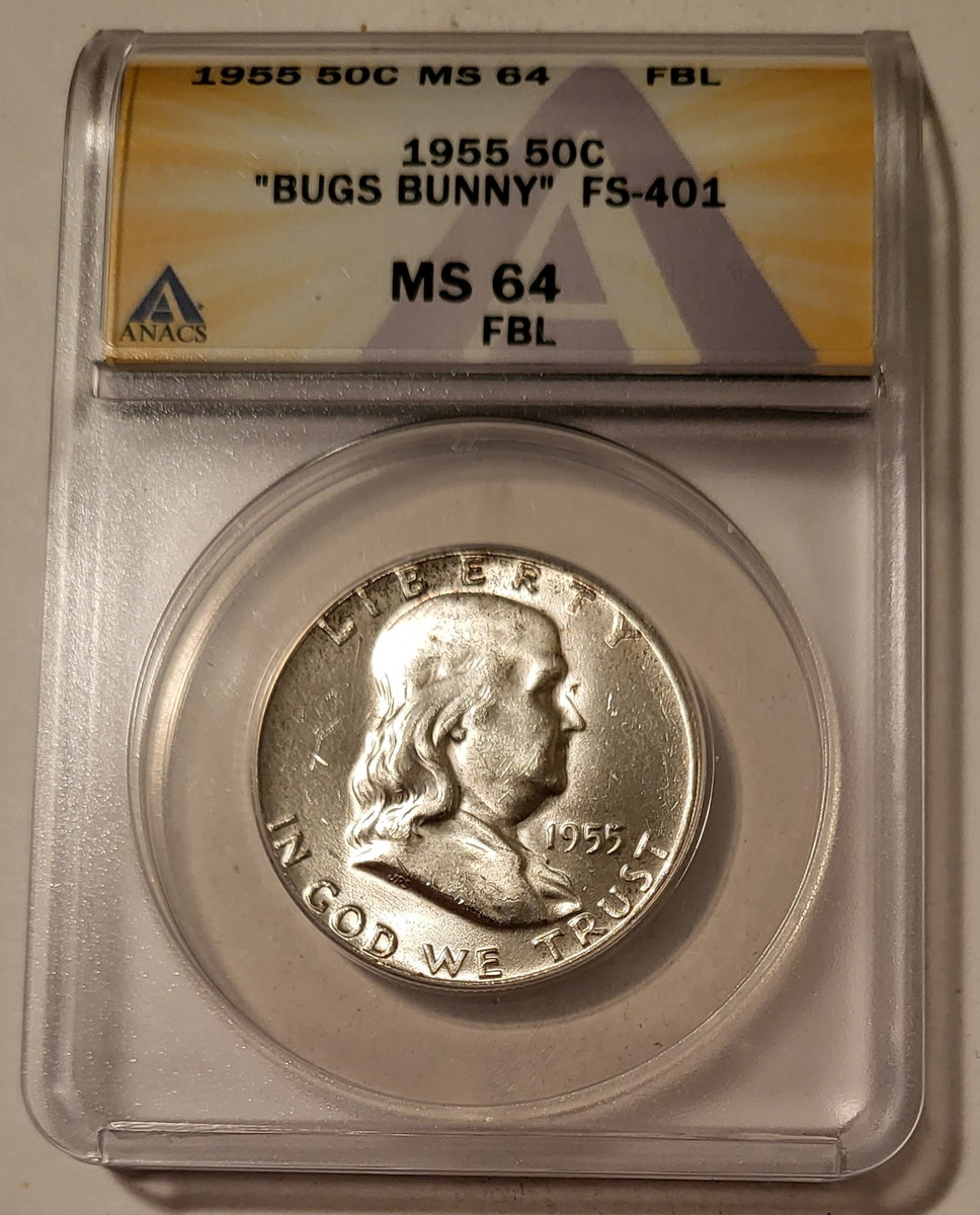 1955 Franklin Half Dollar Bugs Bunny Variety FS 401 MS64 FBL ANACS 1955-franklin-half-dollar-bugs-bunny-variety-fs-401-ms64-fbl-anacs