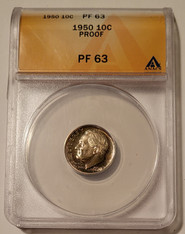 1950 Roosevelt Dime Proof PF63 ANACS Toning Low Mintage