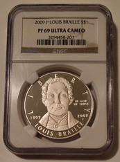 2009 P Louis Braille Commemorative Silver Dollar Proof PF69 UC NGC