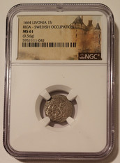 Livonia (Latvia) Swedish Occupation 1664 Silver Solidus Riga Mint MS61 NGC