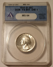1941 D Washington Quarter DDR FS-801 Die 1 Mint State 64 ANACS