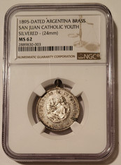 Argentina 1895-Dated Brass Medal (Silvered) San Juan Catholic Youth MS62 NGC