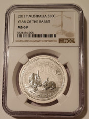 Australia 2011 P 1/2 oz Silver 50 Cents Year of the Rabbit MS69 NGC