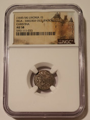 Livonia (Latvia) Swedish Occupation Christina 1645-54 Silver Solidus Riga AU58 NGC