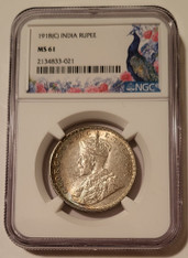 India - British George V 1918 (C) Silver Rupee MS61 NGC Toning Peafowl Label