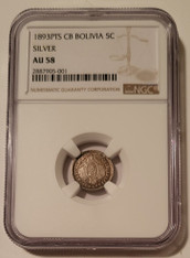 Bolivia 1893 PTS CB Silver 5 Centavos AU58 NGC