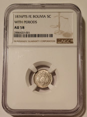 Bolivia 1876 PTS FE Silver 5 Centavos With Periods AU58 NGC