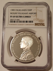 Falklands 1985 Silver 50 Pence Mount Pleasant Airport Proof PF69 UC NGC Low Mintage