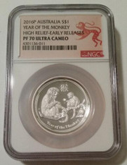 Australia 2016 P 1 oz Silver Dollar Year of the Monkey High Relief Proof PF70 UC NGC ER Low Mintage