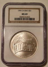 1991 D USO Commemorative Silver Dollar MS69 NGC