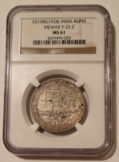 India Mewar VS1985 (AD 1928) Silver Rupee Y-22.2 MS61 NGC