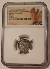 Germany - Middle Ages -  Strassburg (1050-1250) Anonymous Silver Pfennig Bishop & Church MS61 NGC