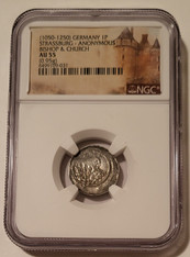 Germany - Middle Ages -  Strassburg - Anonymous (1050-1250) Silver Pfennig Bishop & Church AU55 NGC