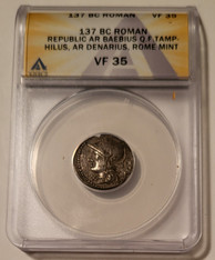 Roman Republic M Baebius Qf Tamphilus 137 BC Silver Denarius VF35 ANACS