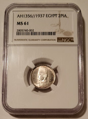 Egypt 1937 Silver 2 Piastres MS61 NGC