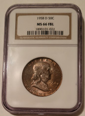 1958 D Franklin Half Dollar MS66 FBL NGC Nicely Toned