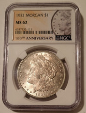 1921 Morgan Silver Dollar MS62 NGC Light Toning Special 100th Anniversary Label