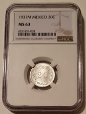 Mexico 1937 M Silver 20 Centavos MS63 NGC