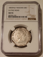 Bolivia 1855 PAZ F Silver 4 Soles La Paz Head AU55 NGC