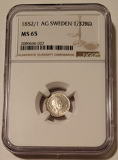 Sweden Oscar I 1852/1 AG Silver 1/32 Riksdaler MS65 NGC