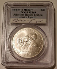 1994 W Women in the Military Commemorative Silver Dollar MS69 PCGS Jessica Lynch Signed
