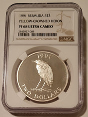 Bermuda 1991 Silver $2 Yellow-Crowned Heron Proof PF68 UC NGC Low Mintage