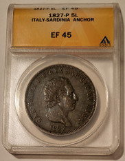 Italy Sardinia 1827 P Silver 5 Lire Anchor XF45 ANACS
