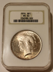 1924 Peace Silver Dollar MS62 NGC OH Toned