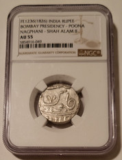 India Bombay Presidency 1826 Silver Rupee Poona Nagphani - Shah Alam II AU55 NGC