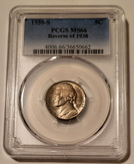 1939 S Jefferson Nickel Reverse of 1938 MS66 PCGS Toning