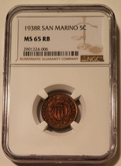 San Marino 1938 R 5 Centesimi MS65 RB NGC