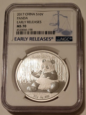 China 2017 Silver 10 Yuan Panda MS70 NGC Early Releases Blue Label