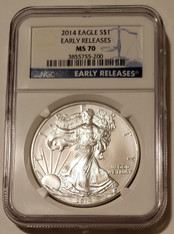 2014 1 oz Silver Eagle Dollar MS70 NGC Early Releases Blue Label