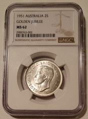 Australia George VI 1951 Silver 2 Shillings Golden Jubilee MS62 NGC