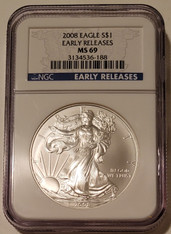 2008 1 oz Silver Eagle Dollar MS69 NGC Early Releases Blue Label