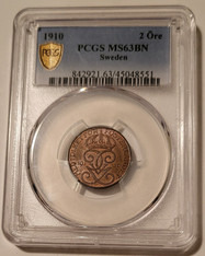 Sweden Gustaf V 1910 2 Ore MS63 BN PCGS