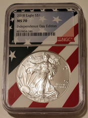 2018 1 oz Silver Eagle Dollar MS70 NGC Independence Day Edition - Flag Frame Holder