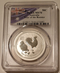 Australia 2017 P 1/2 oz Silver 50 Cents Year of the Rooster MS70 PCGS Flag Label