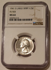 1941 S Washington Quarter FS-503 Large Serif S MS64 NGC