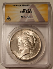 1923 Peace Silver Dollar VAM-1AC2 R6 MS63 ANACS