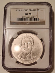 2009 P Louis Braille Commemorative Silver Dollar MS70 NGC