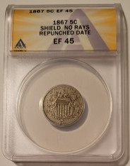 1867 Shield Nickel No Rays Repunched Date XF45 ANACS