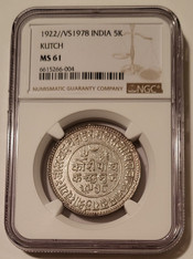 India - Kutch - 1922 Silver 5 Kori MS61 NGC