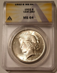 1922 Peace Silver Dollar VAM-2BD R5 MS64 ANACS